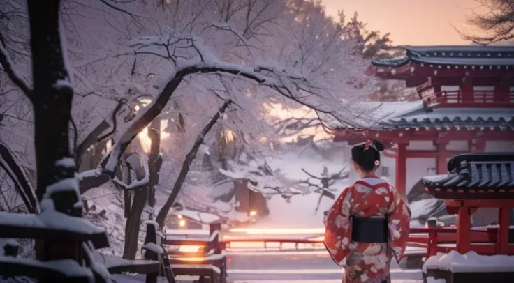 There is a woman wearing a kimono walking in the snow., inspired by Itō Shinsui, japanese kimono, japanese woman, red kimono, Japanese style, traditional japanese colors, Japanese style, Inspired by Kyoto, traditional japanese, inspired by Torii Kiyomitsu,...