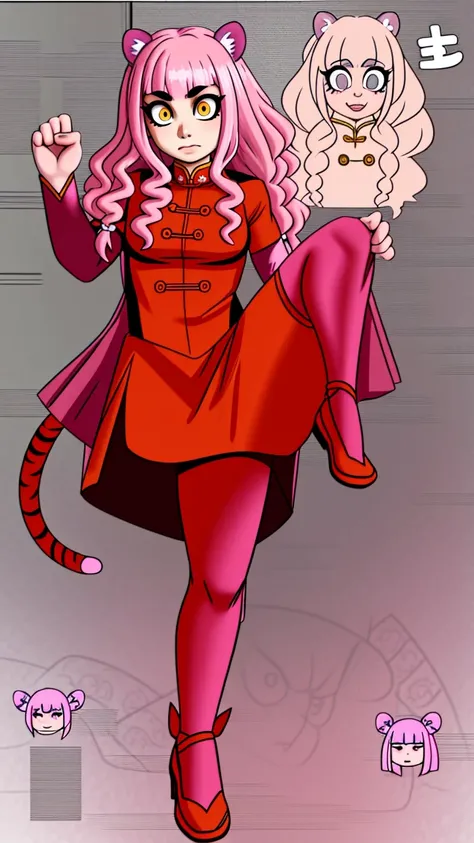 tiger_ears, tiger_tails, martial_art, medium_breast, pink_hair, skirt, jacket, godess,1girl,coat,standing,, solo focus.1character,,refsheet, character focus, 1character,fangs, closed_mouth,pink_hair, green_eyes, chinese_dress, tomboy,shoes, full_body, mart...