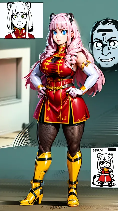 tiger_ears, tiger_tails, martial_art, medium_breast, pink_hair, skirt, jacket, godess,1girl,coat,standing,, solo focus.1character,,refsheet, character focus, 1character,fangs, closed_mouth,pink_hair, green_eyes, chinese_dress, tomboy,shoes, full_body, mart...