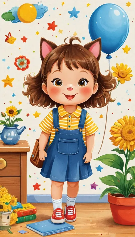 sticker design, Children&#39;s Day Stickers, 1 girl, Children&#39;s cute clothing, vector art, playful style, author：Richard Scarry, improve, complex, (masterpiece, representative work, official art, professional, unified 8k wallpaper:1.3)