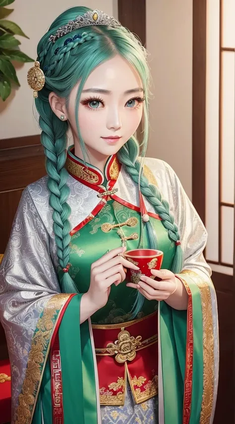 Chinese 30-year-old woman is very cute。Has green eyes、Wearing flashy national costumes、Silver-haired braid、Wearing a lot of ornaments、Royal Girl、