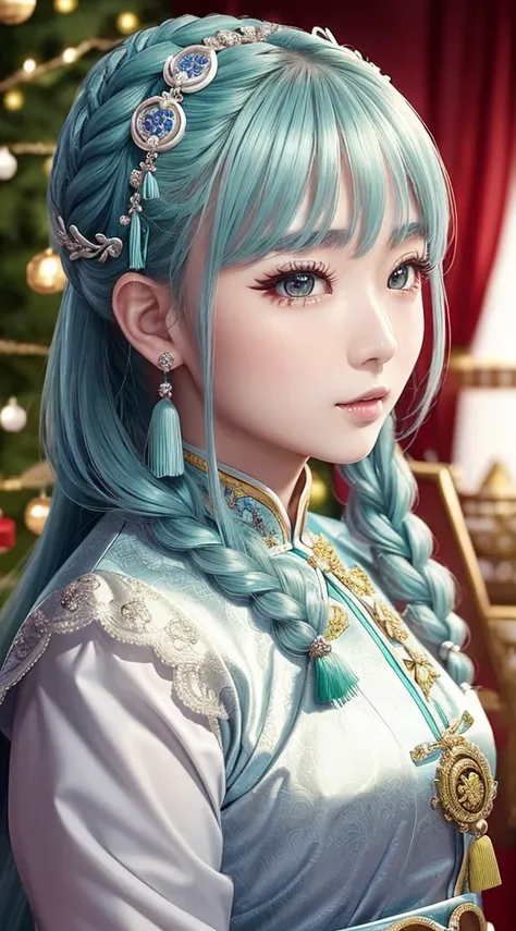 Chinese 30-year-old woman is very cute。Has green eyes、Wearing flashy national costumes、Silver-haired braid、Wearing a lot of ornaments、Royal Girl、