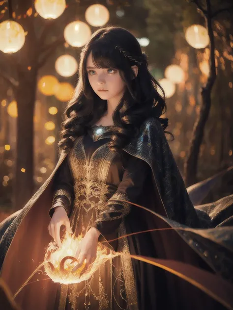 ((1girl)), sorceress, magic, wearing a long dress made of lights, magical forest, with flowing, (((fire)) magic), tight sorceress clothes, magical clothing, (((flowing hairstyle))), (((glowing eyes))), wearing cloak, ((bokeh)), depth of field,