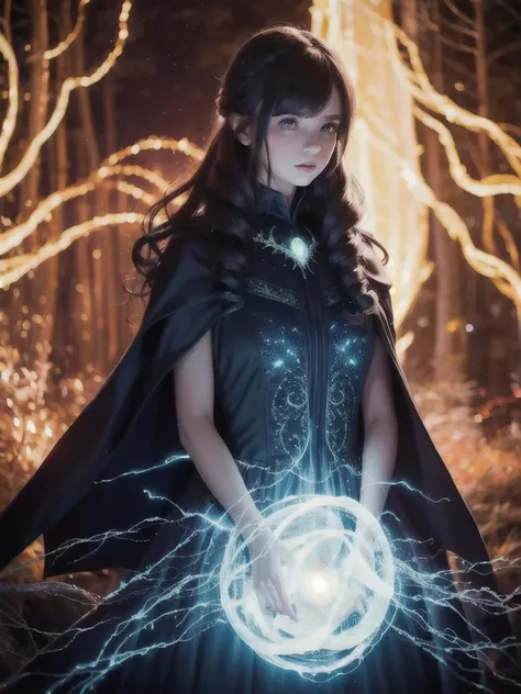 ((1girl)), sorceress, magic, wearing a long dress made of lights, magical forest, with flowing, (((fire)) magic), tight sorceress clothes, magical clothing, (((flowing hairstyle))), (((glowing eyes))), wearing cloak, ((bokeh)), depth of field,