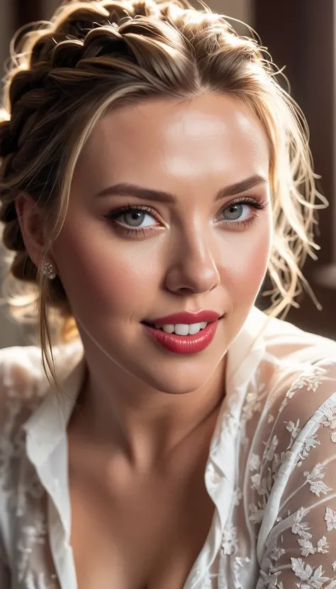 Scarlet Johansson, Beautiful Woman, players perspective, Lens Flare, f/2.8, 50mm, Leica, Braids, (Masterpiece, Top Quality, High Resolution:1.4), 1 girl, 30 years old, large breasts, angel, abs, skin pore texture, HD 4K, 8K, photo, cinematic, full body por...