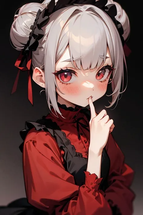 short gray hair, blush, Gothic Lolita、punk fashion、head bun 2.、Red clothes、