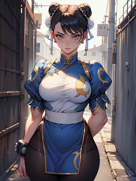 Chun-Li,linda jovem com uniforme azul classico, coxas grossas, belas coxas sexy,um pouco muscolosa, cabelo preso, black tights,cidade chinesa a tarde, Standing alone.solo, roupa azul, saia azul, olhar serio, belos olhos, belo rosto bem detalhado, olhos e s...