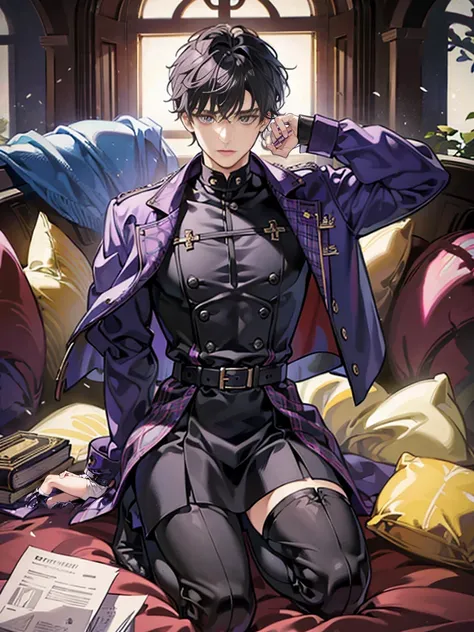 boy　black short hair　purple　boots　highest quality　masterpiece