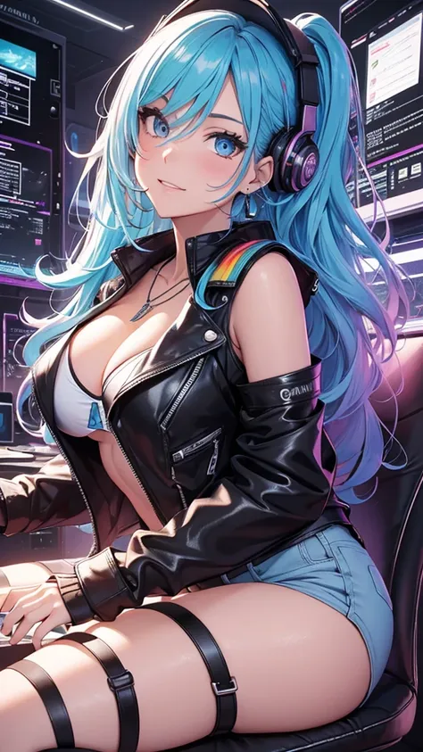 highest quality, Best image quality, girl, 20 years old, medium bust, plump breasts, sparkling amber eyes, aqua eyes, eye reflection, long upper lashes, (((rainbow hair))), long messy hair, Wavy, Top ponytail, ((Black  sexy strapless short tube top)), leat...