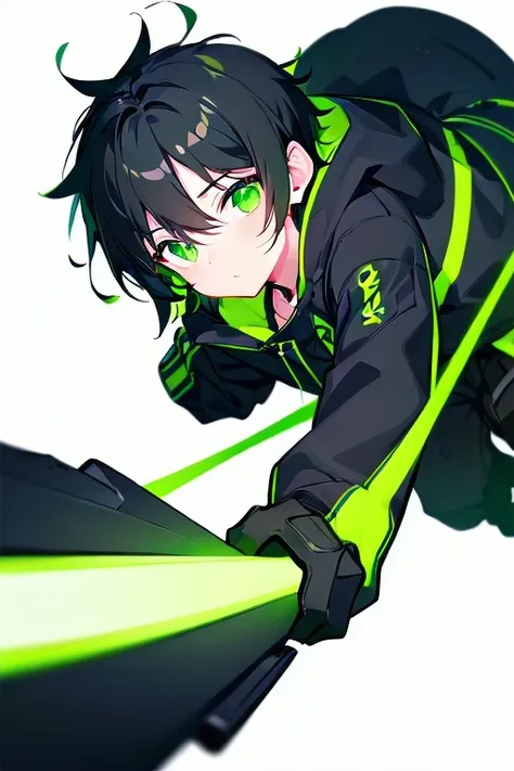 [(WHITE BACKGROUND:1.5),::5], ((((masterpiece)))), high quality, ultra_very_high_resolution, large_filesize, (green base), full color, ((solo)), ((little boy)), (((black short hair))), green eyes, anime, neon light, black parka,