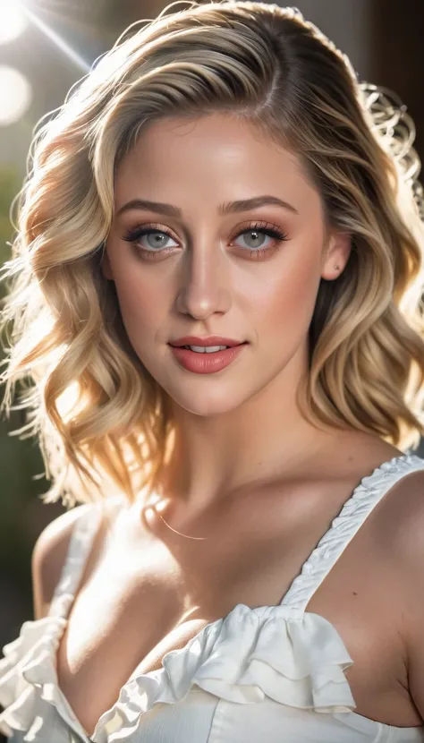 Lili Reinhart, Beautiful Woman, players perspective, Lens Flare, f/2.8, 50mm, Leica, Braids, (Masterpiece, Top Quality, High Resolution:1.4), 1 girl, 30 years old, large breasts, angel, abs, skin pore texture, HD 4K, 8K, photo, cinematic, full body portrai...