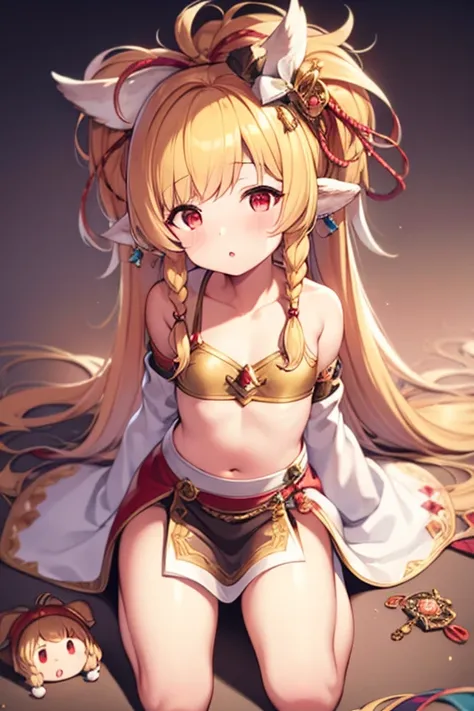 1 girl, animal_ear, arm_support, blonde_hair, chest, Explanation_request, crop_superior, full_body, Granblue Fantasy_fantasy, hair_以superior_shoulder, hair_ribbon, Harbin, High resolution, lean_forward, length_hair, looking for_in_viewer, Mahei_(Granblue F...