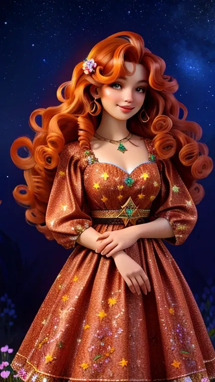 A woman with orange curly hair stands in a magical flower field. Every flower is colorful，Exudes a soft glow, Create a mysterious environment. Twinkling stars in the night sky reflected in the woman&#39;s curly hair, Add a touch of magic to her hair. She s...