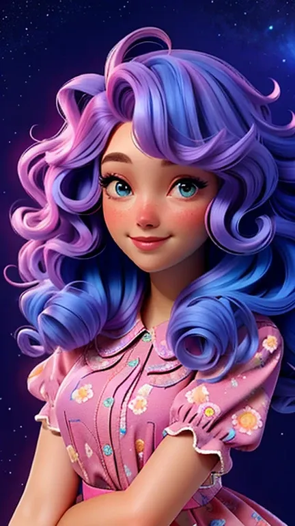 A woman with pink and blue curly hair stands in a magical flower field. Every flower is colorful，Exudes a soft glow, Create a mysterious environment. Twinkling stars in the night sky reflected in the woman&#39;s curly hair, Add a touch of magic to her hair...