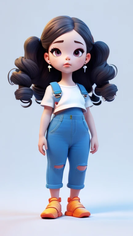 3D characters,chubby girl , Wavy Colored Hair, Wearing earrings, crop top , Long overalls, (whole body:1.2),Simple background, masterpiece,best quality,(White background:1.1)