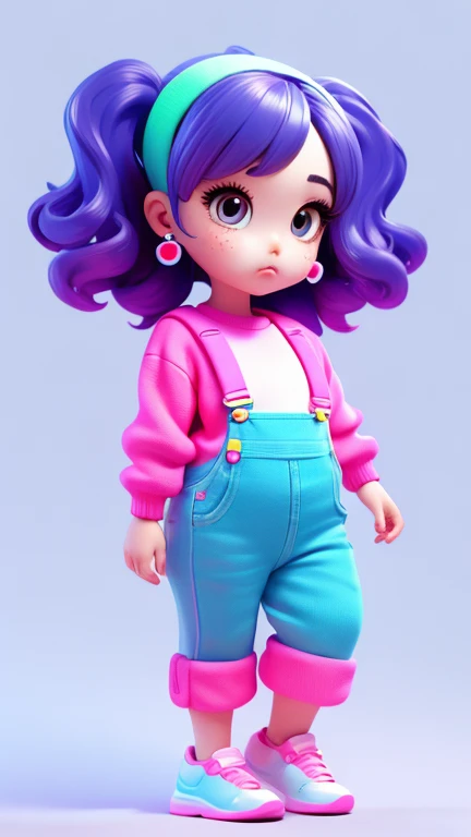 3D characters,chubby girl , neon wavy hair, Wearing earrings, Cropped sweater , Long overalls, (whole body:1.2),Simple background, masterpiece,best quality,(White background:1.1)