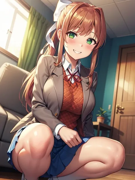 ((masutepiece, Best Quality, hight resolution, nffsw, Perfect Pixel, depth of fields, 4K, )), 1girl in, Solo, , Beautiful anime girl, Beautiful Art Style, monika, green eyes, brown hair, very long hair, ponytail, hair ribbon, white ribbon, blazer, brown sw...