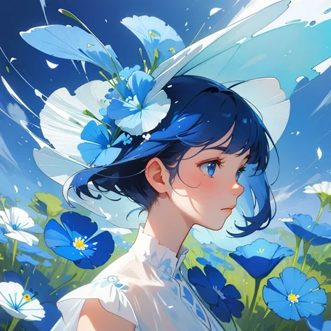 (highest quality, masterpiece, surreal), Portrait of a beautiful and delicate profile girl, Playful and cute, Petals are floating in the background,Nemophila flowers