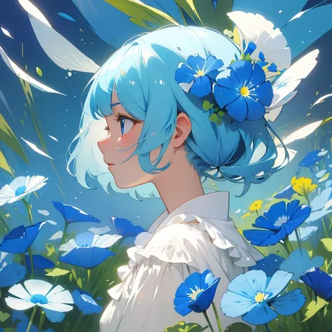 (highest quality, masterpiece, surreal), Portrait of a beautiful and delicate profile girl, Playful and cute, One Chihuahua,Petals are floating in the background,Nemophila flowers