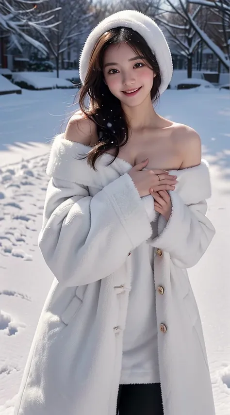 The girl covered her chest with both hands, Strategically cover your chest,Medium Boob，Cover your chest with your fingers，Bare shoulders，Outside，Heavy snowfall，Thick fur cape，Cover with snow、Simple costumes、feater、Coat with fur、fur-coat、barechested、Pubic h...