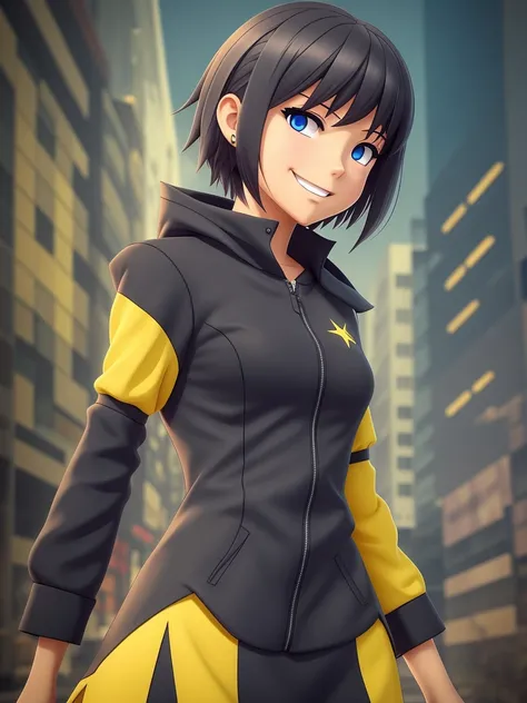 Young girl, a cartoon character dark yellow outfit, expression with ((melancholic smile)), (dark hair up to shoulder), (yellow eyes), stylized character, animation character, stylized 3d render, 3d character, highly detailed character, stylized anime, styl...