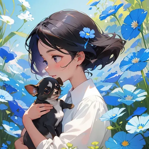 (highest quality, masterpiece, surreal), Portrait of a beautiful and delicate profile girl, Holding a Chihuahua in his arms,Playful and cute, One Chihuahua,Petals are floating in the background,Nemophila flowers
