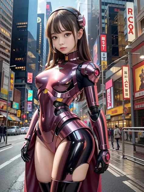 (Photorealsitic:1.4)、Onegirl、(top-quality),(hyperdetailed face)、(Super well-formed face)、((Robot Parts))、(Cyborg girl)、(gold)、(pink there)、(metalic)、(fullllbody)、(sexy  pose)、(Slender body)、(tits out)、(Model body type)、(mecha exposure)、(akihabara)、(is look...