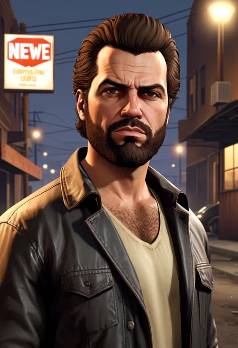 (Estilo GTA:1.5)，the background is very poor and dirty community night，homem jovem muito magro de 35 anos corajoso com cabelo messy pomp castanho, with a beautiful brown beard looking and very strong at the camera from afar dressed in a very simple and hum...