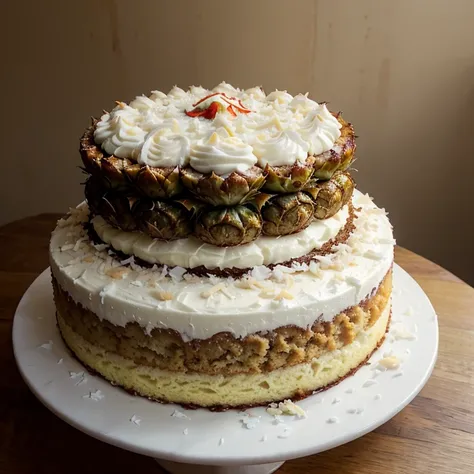 pineapple cake with cream cheese frosting and caramelized coconut pieces