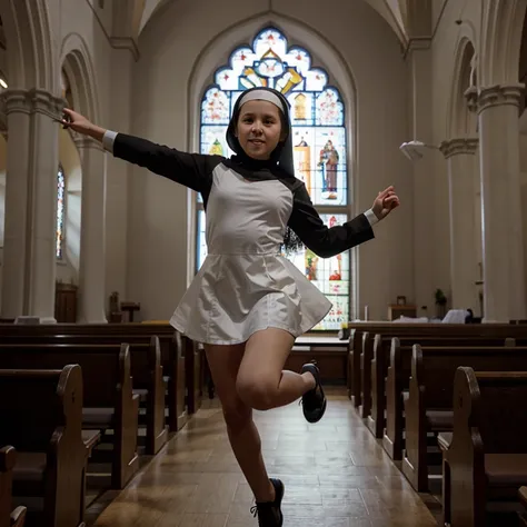 12 year old  dressed in very short nun costume jumping in church 