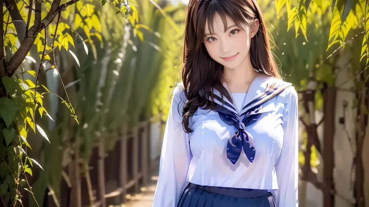 (masterpiece, highest quality, highest quality, beautiful and aesthetic:1.2), (1 girl), colorful, most detailed, perfect face, Upper body, HDR, sailor suit, impressive visuals,big breasts,smile,30 years old