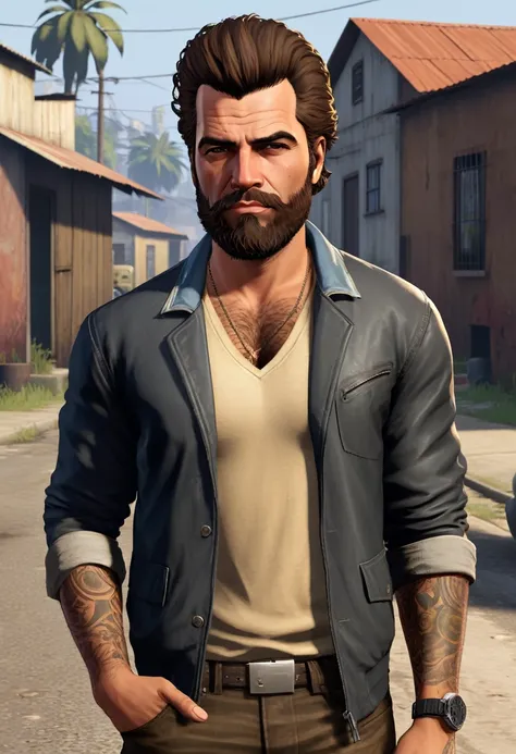 (Estilo GTA:1.5)，the background is very poor and dirty community night，homem jovem muito magro de 35 anos corajoso com cabelo messy pomp castanho, with a beautiful brown beard looking and very strong at the camera from afar dressed in a very simple and hum...