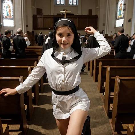 12 year old  dressed in very short nun costume jumping in church 