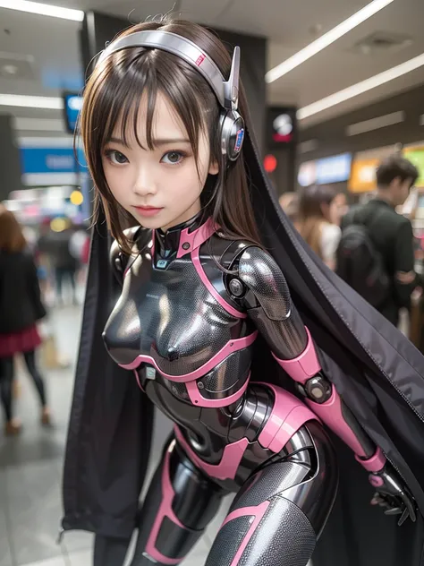 (Photorealsitic:1.4)、Onegirl、(top-quality),(hyperdetailed face)、(Super well-formed face)、((Robot Parts))、(Cyborg girl)、(gold)、(pink there)、(metalic)、(fullllbody)、(sexy  pose)、(Slender body)、(tits out)、(Model body type)、(mecha exposure)、(akihabara)、(is look...