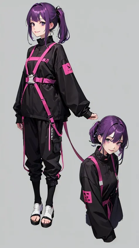 purple hair girl,medium hair,Harness,pants,simple background,smile,Arms down,whole body,full body,full body,arm to the side,Standing picture,vtuber,front,from front,Viewer&#39;s perspective,視線をfrontに,