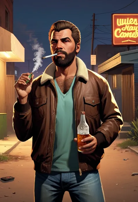 (Estilo GTA:1.5)，the background is very poor and dirty community night，homem jovem muito magro de 35 anos com cabelo messy pomp castanho, with a beautiful brown beard looking and very strong at the camera from afar dressed in a very simple and humble and d...