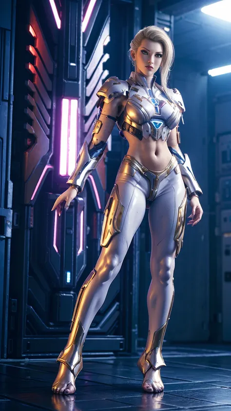 a woman, beautiful face, rgb, white, gold, purple, mecha armor full suit, transparant, tall legs, standing, barefoot, midriff ex...