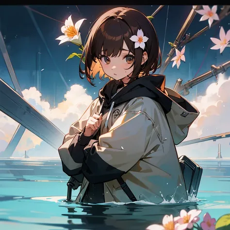 girl、brown hair、short hair、hoodie、mechanical、flower、water