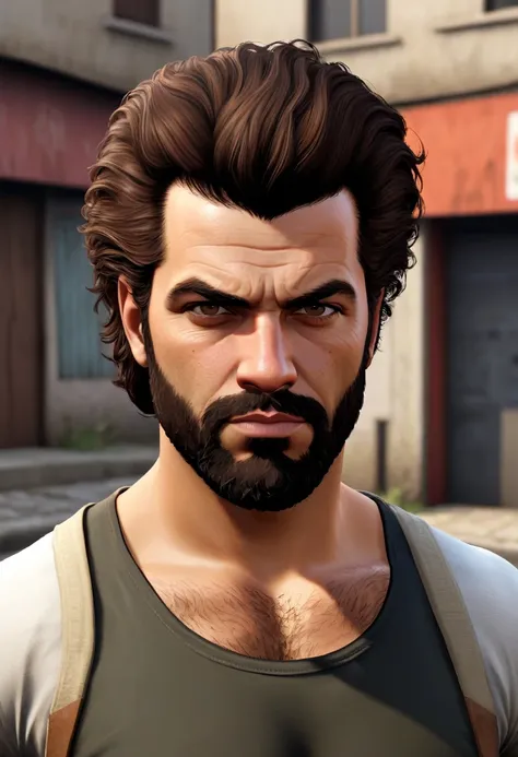 (Estilo GTA:1.5)，the background is very poor and dirty community night，homem jovem muito magro de 35 anos com cabelo messy pomp castanho, with a beautiful brown beard looking and very strong at the camera from afar dressed in a very simple and humble and d...