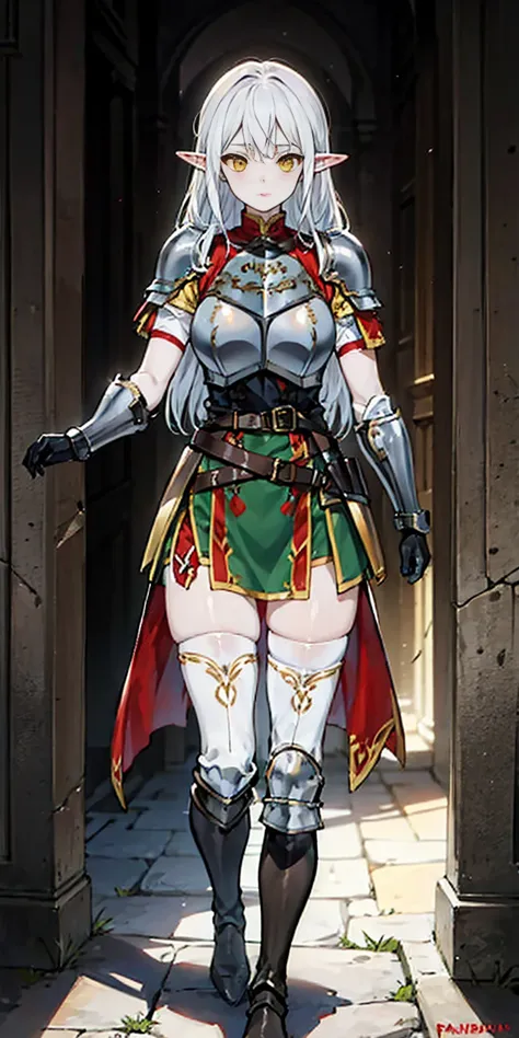 masterpiece, best quality, high quality, 1solo white SKIN elf, long hair, white hair, yellow eyes, full body, breastplate, looking at viewer, shiny, armor, thigh highs, high boots, shoulder armor, faulds, poleyn, gloves, gauntlets