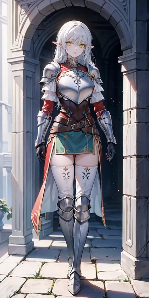 masterpiece, best quality, high quality, 1solo white SKIN elf, long hair, white hair, yellow eyes, full body, breastplate, looking at viewer, shiny, armor, thigh highs, high boots, shoulder armor, faulds, poleyn, gloves, gauntlets