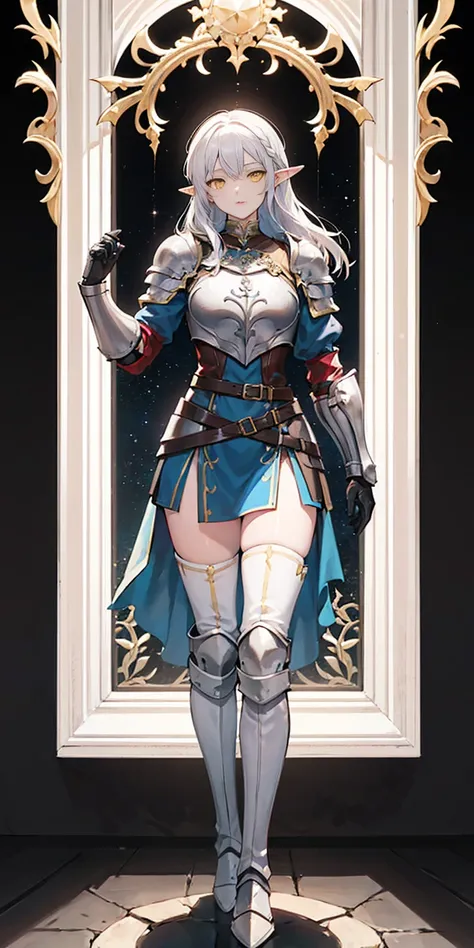 masterpiece, best quality, high quality, 1solo white SKIN elf, long hair, white hair, yellow eyes, full body, breastplate, looking at viewer, shiny, armor, thigh highs, high boots, shoulder armor, faulds, poleyn, gloves, gauntlets