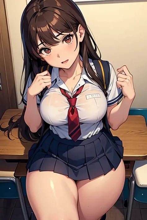 brown hair brown eyed school girl in a tight school girl uniform on and has e cups with thick thighs with her legs open to the  boy