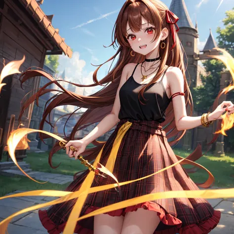 reddish-brown golden hair、red eyes、one good looking girl、solo、anime、plaid mini skirt、black camisole、black t-shirt、dress、wearing a ribbon、ribbon at waist、crystal earrings、jewelry necklace、Light and shadow、tilting one&#39;s face、teeth are visible、pillar、torc...