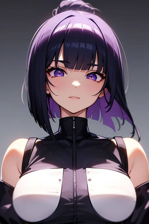 Anime-style portrait of a girl with a dark violet bob cut making eye contact with the camera, bright eyes, baby-faced, subtle smile, minimalistic background to emphasize character, high contrast, clean lines, digital painting, vivid colors, The girl wears ...