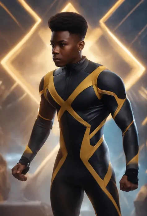 Realistic portrait of a Black boy in a x men suit, super athletic body,best art portrait ever, super detailed, very handsome, random background,in 8k, full body, using powers.