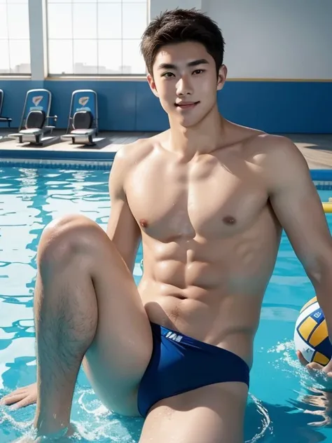 water polo swimwear , gym , Even the legs are reflected , adorable smile , whole body , realistic handsome Korean face , modest muscles , beardless face、masterpiece、A high resolution、hyperrealism、detailed face、solo、a men、glowing skin、(Asian)、(young、teenage...