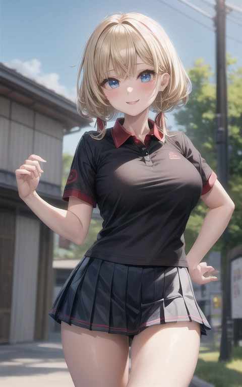 ((masterpiece, highest quality)), insane, disorganized, alone, outdoor, 
1 girl, (blonde hair,  semi-long、hairpin), blue eyes, round eyes、smile
((black polo shirt, red pleated skirt,  collared shirt, short sleeve)),big breasts、white skin、Japanese Americans...