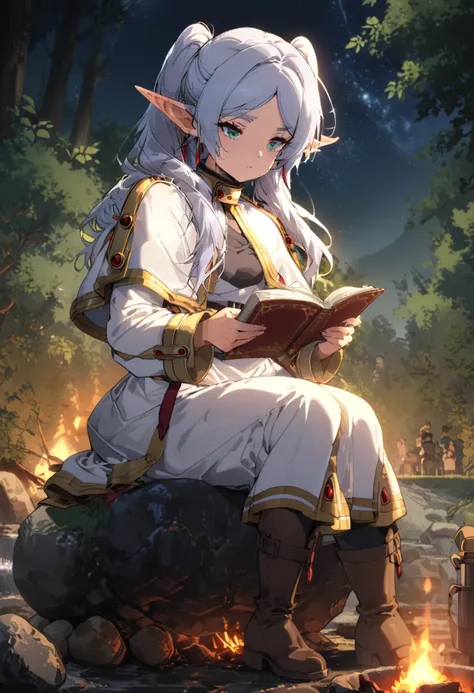 girl, frieren, pointy ears, elf, green eyes, long hair, twintails, boots, white dress, white capelet, outdoors, long sleeves, cinematic lighting, starry sky, sitting on stone near behind a campfire, reading a book, (masterpiece, best quality, perfect compo...