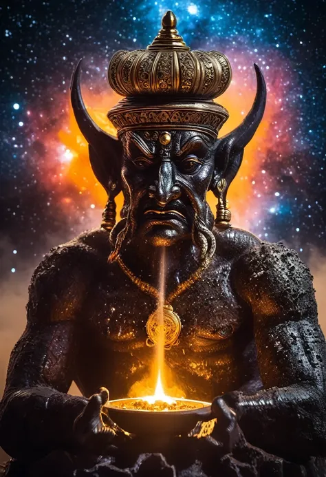 demon  statue, frontal portrait, there are countless incense burners in front, against the backdrop of the galactic universe, ph...